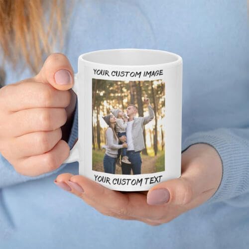 Personalized Coffee Cup with Photo, Logo or Text - Custom Both Sides Printed Mug for Him & Her - Unique Customized Gifts with Names - White/Blue