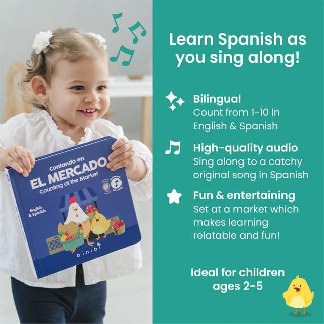 Binibi Spanish Musical Book - Counting at The Market | Bilingual Children's Book for Babies & Toddlers 1-3 | Libro en Espanol para Bebes