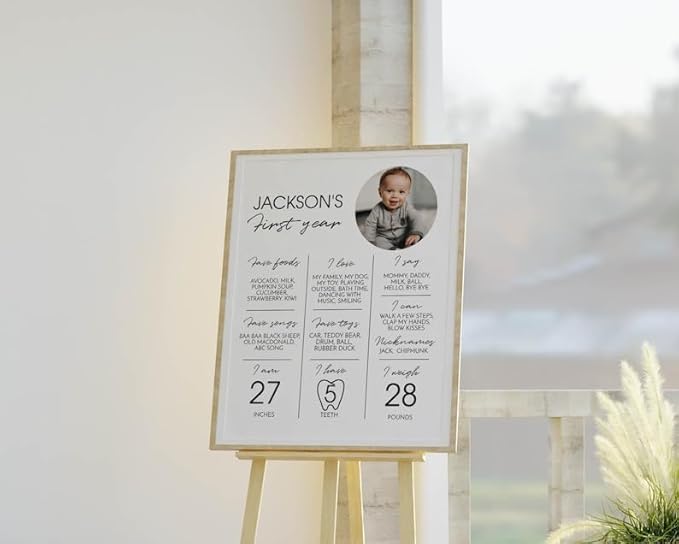Generic Personalized First Birthday Milestone Poster, Modern 1St Birthday Milestone Sign, My First Year Baby Milestone Board, Design 011