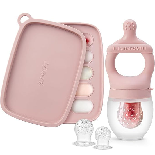 SAMiGO Baby Food Fruit Feeder and Breastmilk Popsicle Mold Set, Silicone Fruit Teether, Food Feeder Pacifier for Teething Relief, Freezer Tray, Baby Feeding Essentials, 4 Months+