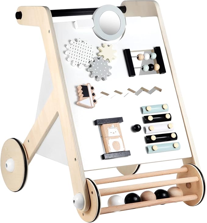 Beright Wooden Baby Walker with Roller, Push and Pull Learning Activity Walker, Multi-Functional Kidsβ Activity Toy, Multiple Activities Center, Develops Motor Skills & Stimulates Creativity, Natural