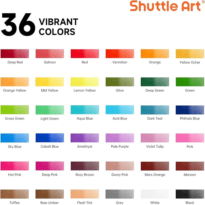Shuttle Art Watercolor Paint Set, 36 Colors Watercolor Paint in Tubes (12ml Each) with 3 Brushes, Rich Pigment, Easy to Blend, Perfect for Kids, Artists, Beginners, Students