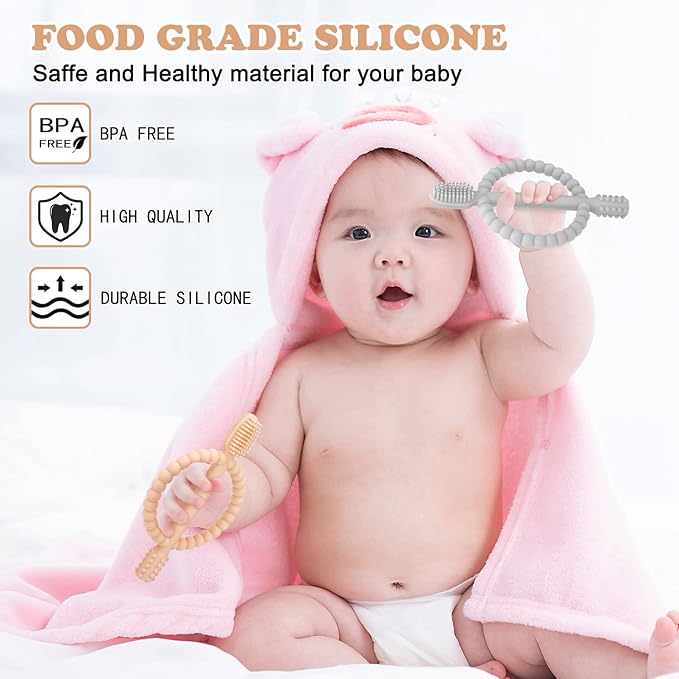 Baby Teething Toys with Easy-Hold Handle, Silicone Infant Toothbrush, Textured On Both Sides Helps Massage, Soothe Sore Gums, Teething Toys for Babies 0-6 Months, 6-12 Months Peach Powder & Gray