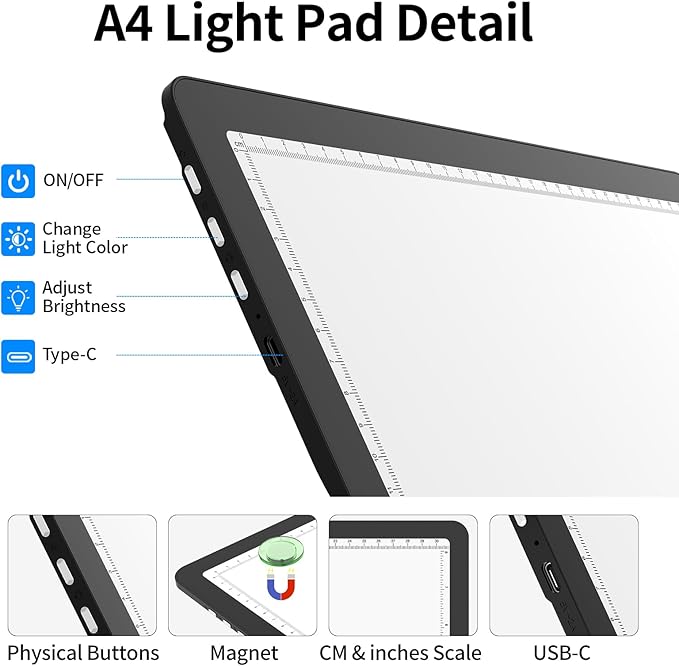 TOHETO Rechargeable A4 Light Board with Stand, Super Bright Magnetic Light Pad with Side Buttons, Wireless Light Box for Tracing and Drawing, Cordless LED Light Table for Diamond Painting, Sketching