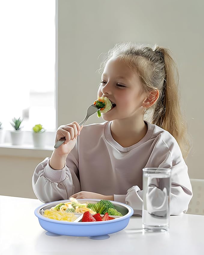 Stainless Steel Toddler Suction Plate with Lid, Deeper 9" Divided Plates with Removable Silicone Sleeves for Kids, Non Toxic & BPA Free | Unbreakable Baby Snack Dishes Set of 2, Blue & Sage