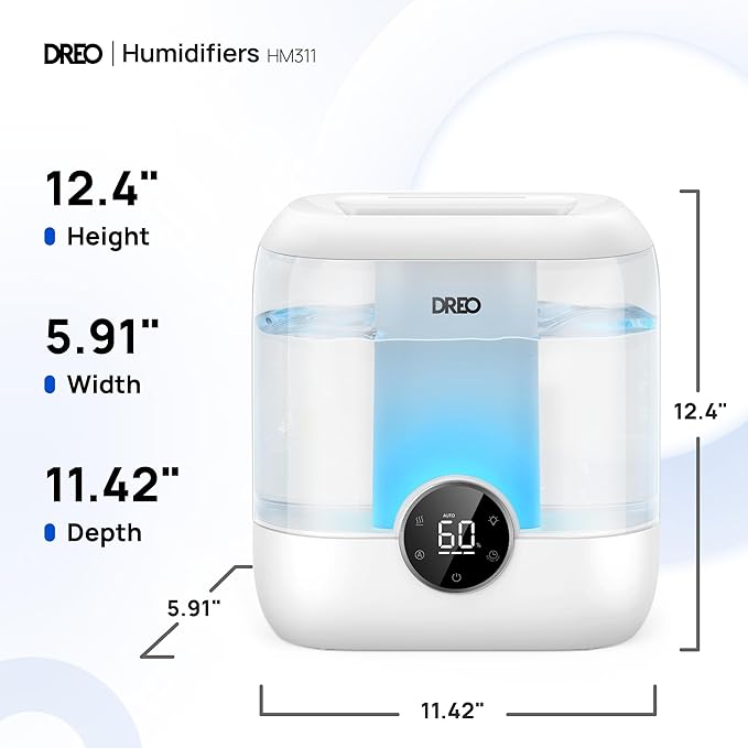 Dreo 6L Top Fill Humidifiers for Bedroom, 60H Runtime 28 dB Quiet Supersized Cool Mist Air Humidifiers for Large Room, Baby Nursery, Plant, Indoor, Night Light, Easy to Clean, Precise Humidity Control