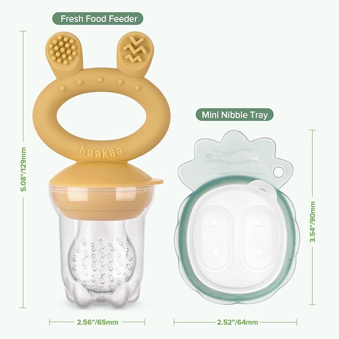Haakaa Baby Fruit Food Feeder & Mini Freezer Nibble Tray Combo, Breastmilk Popsicle Molds for Baby Cooling Relief, BPA Free Silicone Feeder for Safe Infant Self Feeding, 4 Month+ (Mustard)