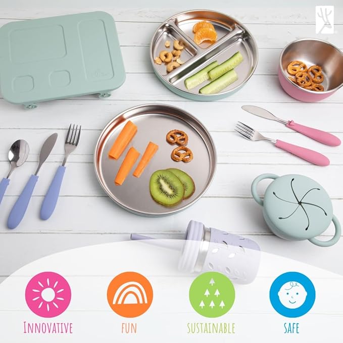 Elk and Friends Stainless Steel Divided Plates with Normal Sleeve for Babies & Toddlers | Lids Included Dinner & Snack Plates | 4 Pack