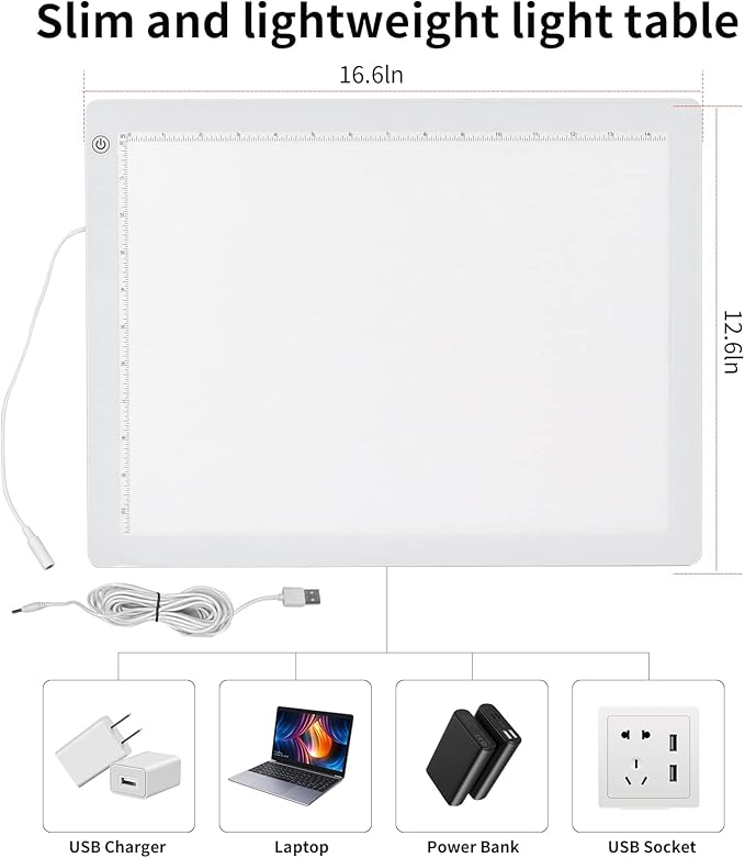 YINGWOND A3 LED Light Pad with Fixed Cord, 16.6 * 12.6 Inches, 3 Levels of Brightness up to 8000LUX, Uniform Illuminated Light Box for Tracing Drawing Weeding Vinyl and Diamond Painting