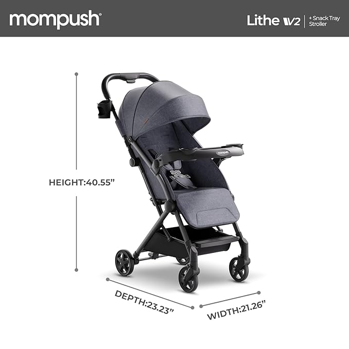 Mompush Lithe V2 Lightweight Travel Stroller, Compact Foldable Baby Stroller with Travel Bag, One-Hand Fold Stroller, Snack Tray, Mechanical Recline Seat, Airplane-Ready, Organizer & Rain Cover