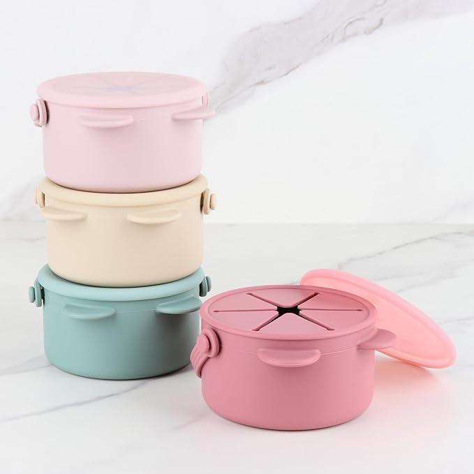 Silicone Snacks Containers for Toddlers, Baby Food Catcher Spill Proof, Kid Snacks Holder with DustProof Lid, 2 Pack Dishwasher Safe (Blush/Mauve)