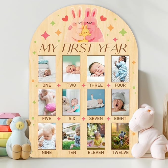 ORIGACH My First Year Baby Growth Photo Display Wood Board - 12 Months Newborn Milestones Photo Board - Neutral Baby Keepsake Frame 1st Birthday Party Nursery Decor New Mom Gift - Rabbit