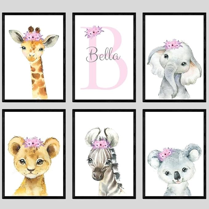 Personalized Safari Animals for Baby Girls Nursery, Set of 6 Unframed Poster Prints, Personalized Name Pink Lilac Floral, Girls Bedroom Decor, Elephant Giraffe (12x16)
