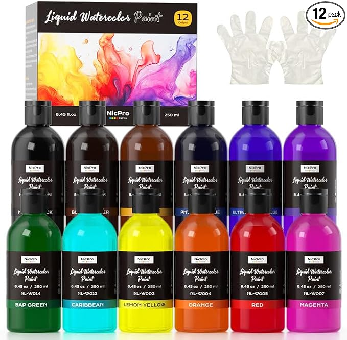 Nicpro 12 Colors Liquid Watercolor Paint Set, 8.45oz Large Bulk Liquid Watercolor Paint, Non-Toxic Water Colors Painting Supplies for Art Activity, Craft DIY, Poster, School, Home, Classroom, Party