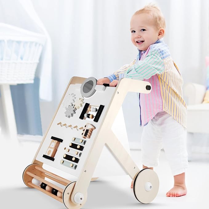 Beright Wooden Baby Walker with Roller, Push and Pull Learning Activity Walker, Multi-Functional Kidsβ Activity Toy, Multiple Activities Center, Develops Motor Skills & Stimulates Creativity, Natural