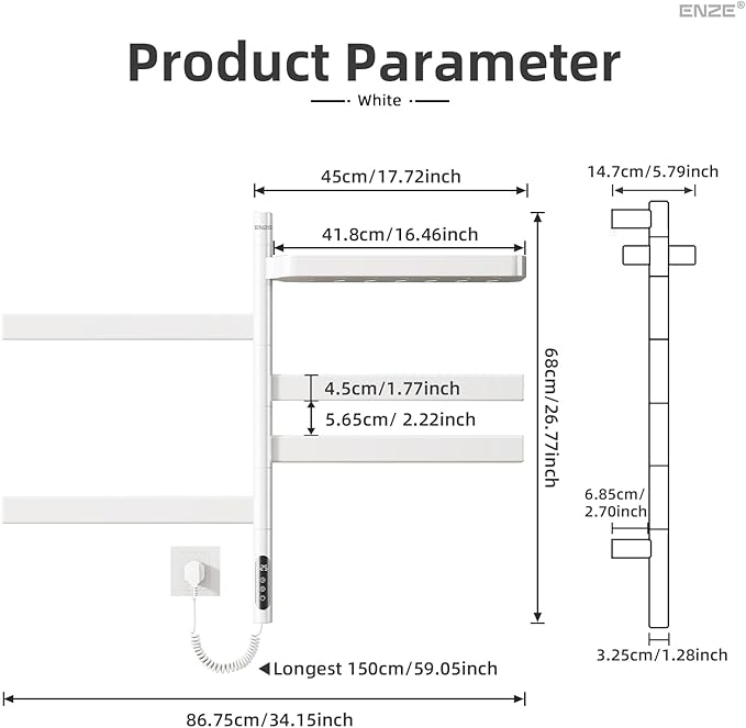 ENZE Smart Rotating Heated Towel Rack for Bathroom, Wall-Mounted Electric Towel Dryer with Swivel Bars & Shelf, Smart Timer, Low Carbon Steel, Plug-in/Hardwired, Towel Warmer with Wi-Fi App Control