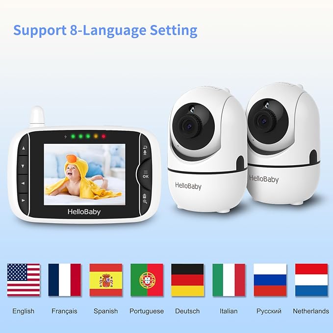 HelloBaby Video Baby Monitor with 2 Cameras and Audio. Baby Monitor with Remote Pan/Tilt/Zoom, VOX Mode, Night Vision, 2-Way Talk, 8 Lullabies