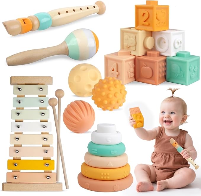 Baby Toys 6-12 Months Montessori Toys for Babies 9 Months,Wooden Musical Instruments Toy Stacking Building Blocks,Infant Teething Toys Sensory Balls,Xylophone,Birthday Gift for Toddlers 1+ Year Old