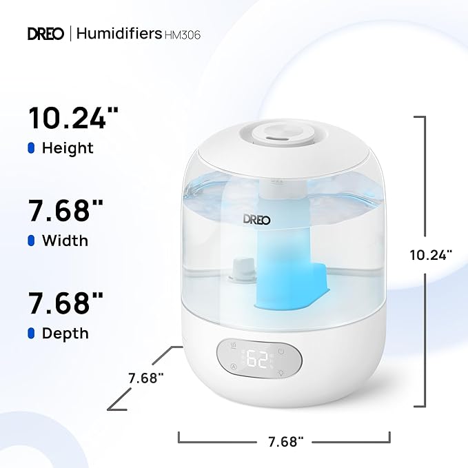 Dreo Humidifiers for Bedroom, 3L Top Fill 30H & 26dB Quiet Runtime for Large Room, Cool Mist Ultrasonic Humidifier with Humidity Sensor, Night Light for Home, Baby, Nursery, Plants, 360ยฐ Nozzle, White