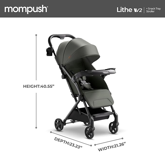 Mompush Lithe V2 Lightweight Travel Stroller, Compact Foldable Baby Stroller with Travel Bag, One-Hand Fold Stroller, Snack Tray, Mechanical Recline Seat, Airplane-Ready, UPF 50+ Canopy & Rain Cover
