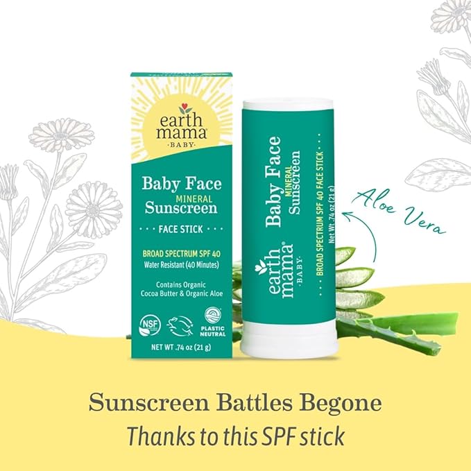 Earth Mama Baby Face Mineral Sunscreen Stick SPF 40 | Non-Nano Zinc, Natural Water Resistant Sun Cream for Babies, Kids & Adults 0.74-Ounce, 3-Pack
