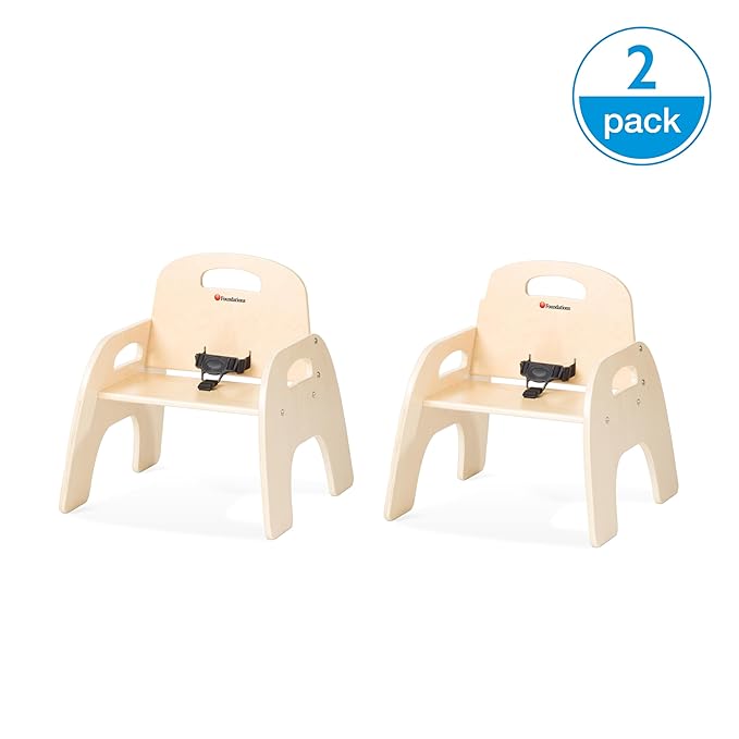 Foundations Simple Sitter Low Wood Feeding Chairs Multipack, Wide No-Tip Base, Adjustable Safety Harness, Stackable Wood Toddler Chairs with Food Service Grade Finish, 2 Pack (11 inch)