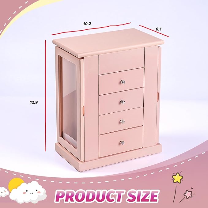 Jewelry Box for Girls, Musical Jewelry Box with Spinning Dancer Gifts for Little Girls Christmas New Year Birthday Children's Day, 5 Layer Large Wooden Kids Music Jewelry Organizer Box(Pink)