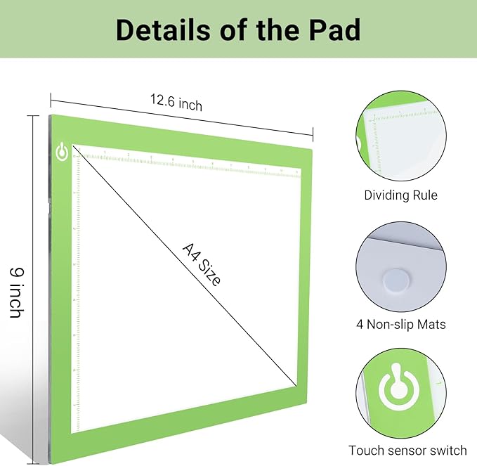 Tracing Light Table Ultra-Thin A4 LED Copy Board NXENTC Light Pad Drawing Display Pad Brightness Adjustable Stencil Artist Art Tracing Tatto Table Green