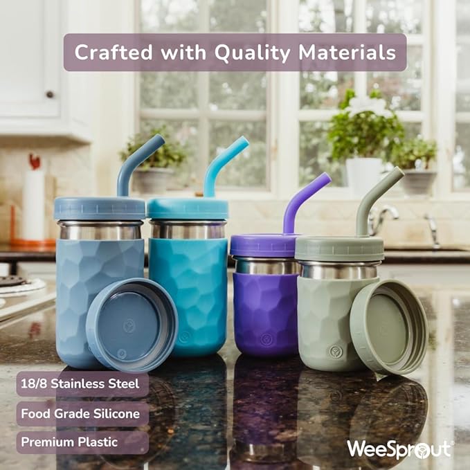 WeeSprout 2-in-1 Drinking Cups for Kids, Durable Stainless Steel Tumbler for Smoothies, Silicone Straws with Stoppers, Premium Plastic Twist Lids, Easy-Grip Sleeves, Set of 4 Dishwasher Safe Kid Cups