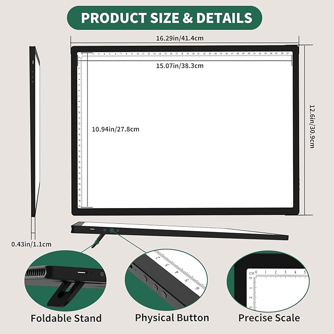 HIUKCOLED A3 Built-in Tilt Stand Light Tracing Box, 6-level&Stepless Dimmable Adjustable Brightness Light Pad with 3 Colors,Battery Powered LED Light Board for Drawing,Diamond Painting,Sketching,X-Ray
