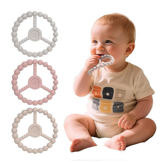 3 Pack Baby Teething Toys 3-6 Months, Silicone Ring Teethers for Babies 6-12 Months, Freezer Safe Chew Toy with Textured Grip for Boys Girls Teething Relief, Infant Easter Gift (Sandy Rose Pink)