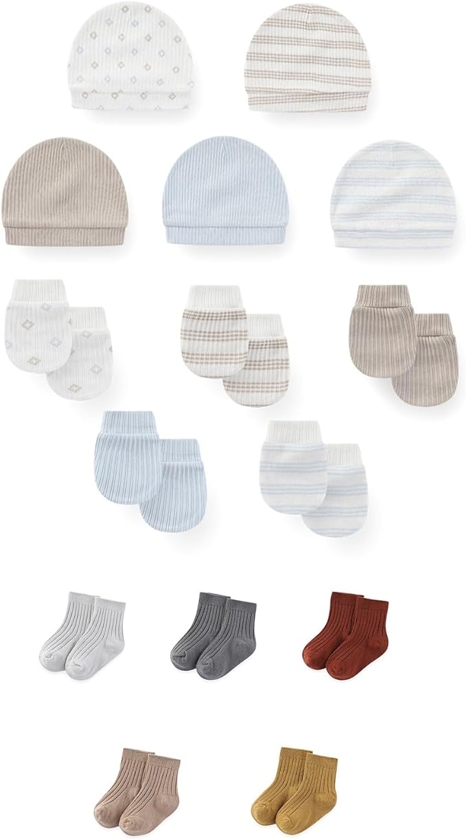 15 Pack Unisex New Born Boy Girls No Scratch Mittens Sets Cotton Soft Baby Gloves Hats socks Accessory 0-6 Months
