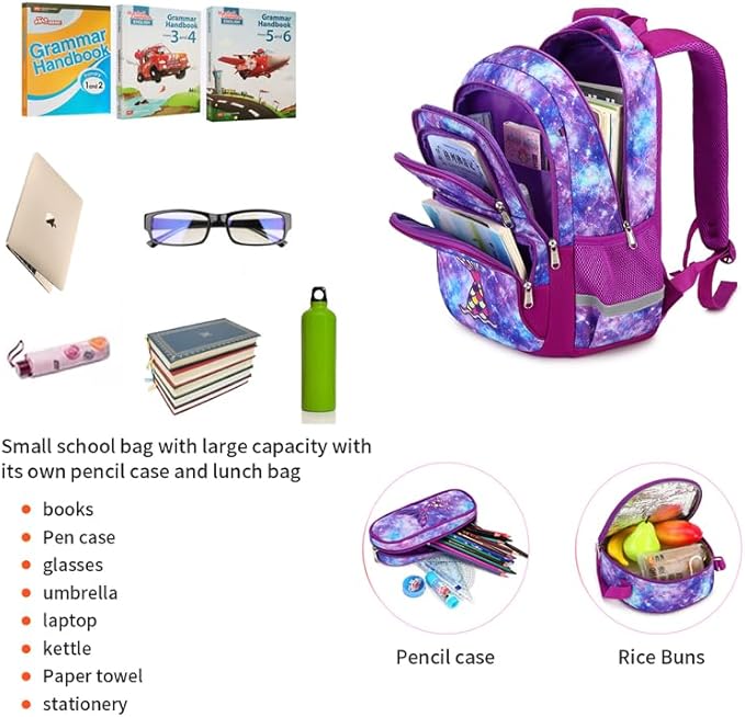 Cusangel Purple Mermaid 3pcs Set with Lunch Box Pencil Case,Multi Compartment Backpack, Dinosaur Backpack Chest Strap Side Pockets 16 Inch