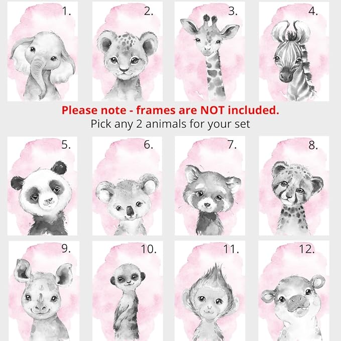 Safari Animals Set of 6 Unframed Poster Prints for Baby Girls Nursery Bedroom Playroom, Personalized Name, Choice of 12 Animals, Pink Purple (9x12)