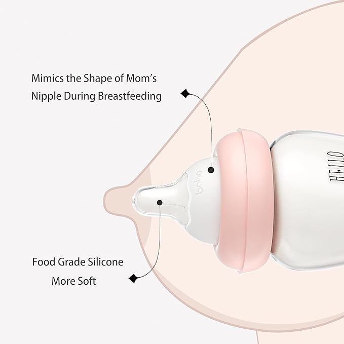YOHKOH Natural Glass Baby Bottle with Natural Response Nipple, Newborn Anti-Colic Baby Bottles, Wide Neck Mushroom Cap Baby Bottle, Clear ((8.8oz (Pack of 4), Purple-A)