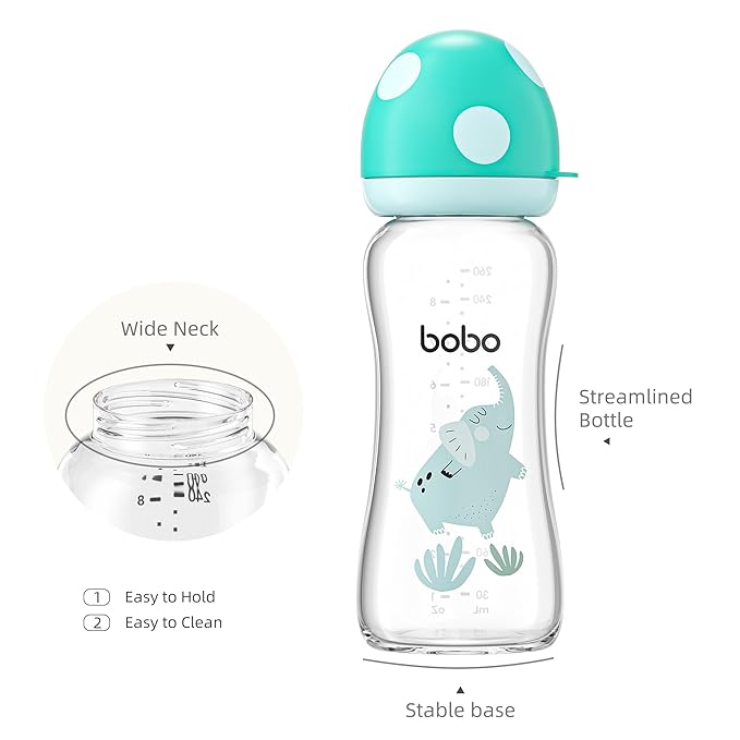 YOHKOH Natural Glass Baby Bottle with Natural Response Nipple, Newborn Anti-Colic Baby Bottles, Wide Neck Mushroom Cap Baby Bottle, Clear (8.8ounce (Pack of 2), Blue2)