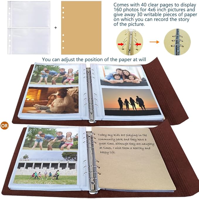 Photo Album 4x6 160 Photos, Leather Photo Albums with Writing Space With 30 Writing Paper, Travel Family Wedding Kids Graduation Ultrasound Baby Picture Album Scrapbook Photo Album