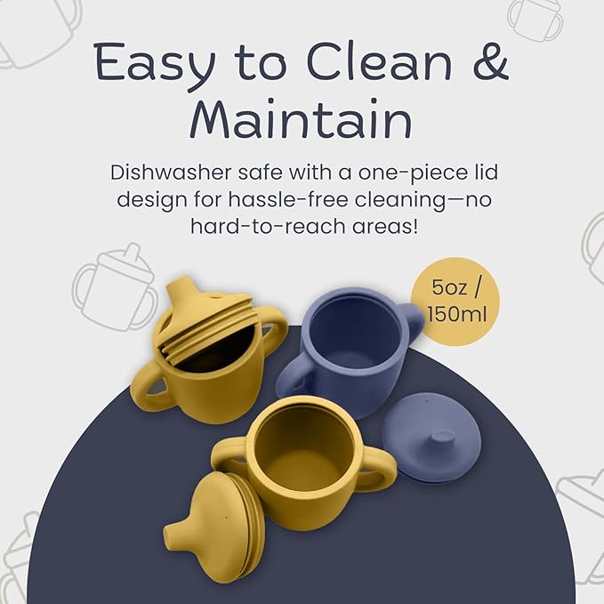 Silicone Sippy Cups with Easy Grip Transition Handles and a Soft Spout. A Non Toxic No Spill Unbreakable Training Cup 150ml/5oz |2-PACK Midnight Blue and Canary|