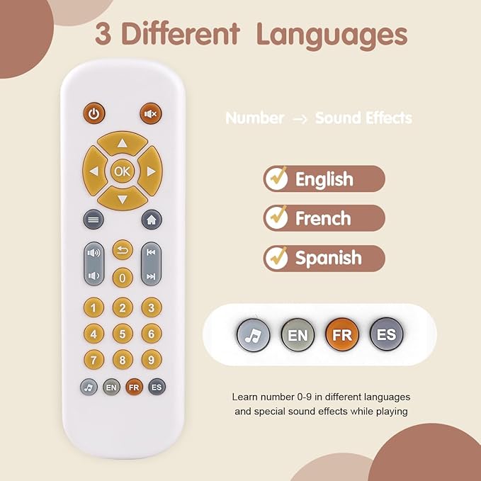 Nueplay Baby TV Remote Control Toy with Light and Sound, Toddler Realistic Controller with 3 Languages, Early Educational Learning Musical Toys, Preschool Infant Boys Girls 6, 12, 18 Months, White