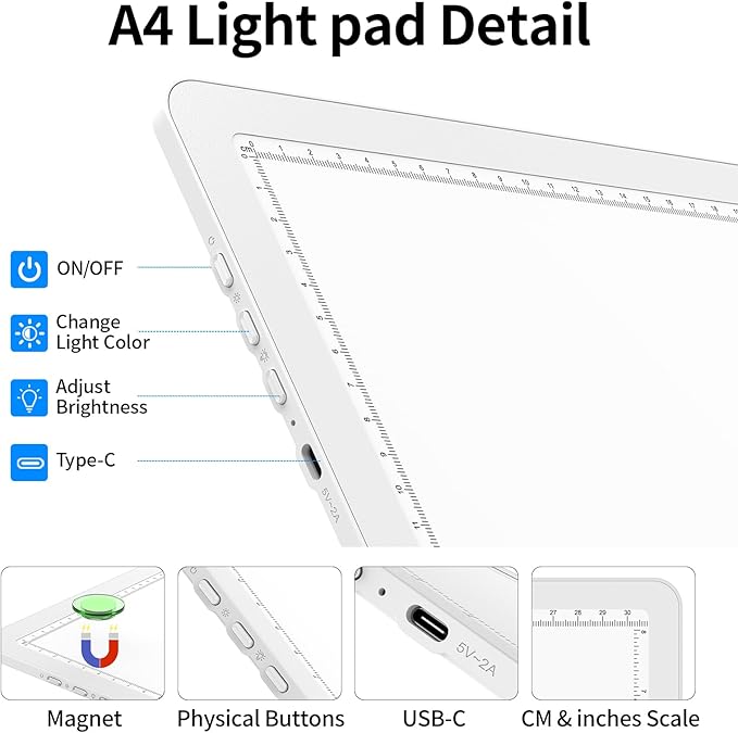 TOHETO A4 Light Board for Diamond Painting, Super Bright Magnetic Light Pad with Side Buttons, Lightbox for Tracing and Drawing, Corded Light Table for Sketching, Animation, Weeding Vinyl (White)