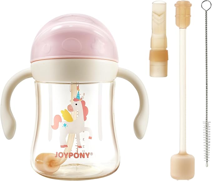 Sippy Cups for Toddlers 1-3, Spill Proof Weighted Straw Cup with Handle for Baby 6 Months + old, 2 Silicone Straws, PPSU, BPA Free, 9 oz (Pink)