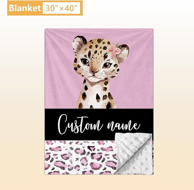 Personalized Baby Bedding Set, 5 Pcs Custom Baby Crib Sets with Name, Toddler Bedding Set for Baby Girls, Pink Leopard Double Layer Nursery Bedding Set, Customized Gifts for Infants Kids