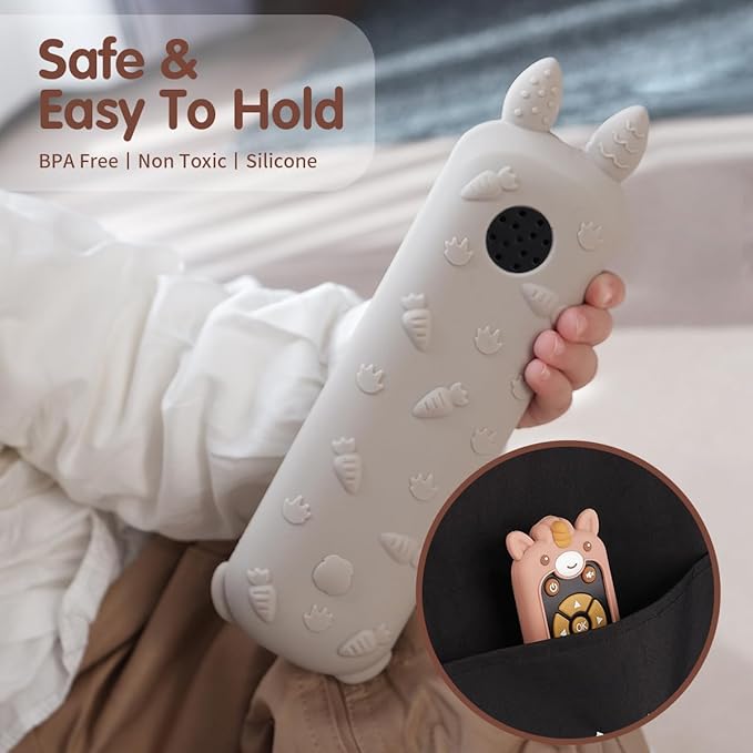 Nueplay Baby TV Remote Control Toy with Silicone Teether Cover, Toddler Realistic Controller, Early Number Learning in 3 Languages (English, Spanish & French), Preschool Girls Toys 6, 12, 18 Months