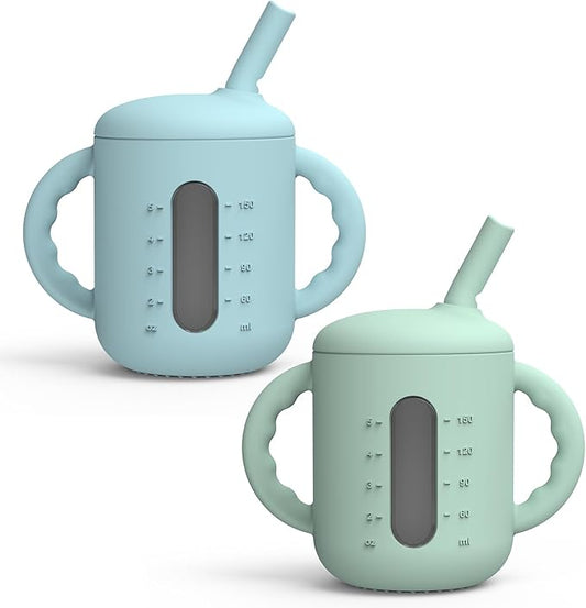 Seposeve 2 Pack Silicone Sippy Cups, Leak-Proof Baby Straw Cup for 6-12 Months, Spill Proof Toddler Cup with Straw 1-3 Years, with Capacity Marking, Non-slip Handle, Flow Control, 6 oz, Green Blue