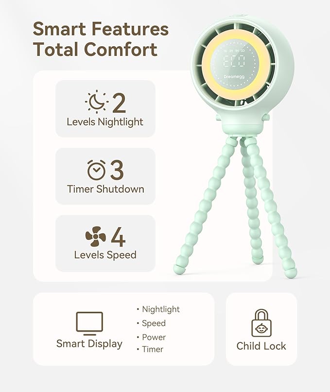 Dreamegg Portable Stroller Fan - 4000mAh Rechargeable Baby Stroller Fan With LED Display, Night Light, Hidden Blade, Detachable 4 Speed 360ยฐRotate, Handheld Cooling for Crib,Travel, Car Seat(Green)