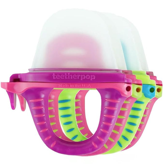 Teetherpop Fillable Silicone Teether for Babies (4-Pack) – Breastmilk Popsicle Molds for Teething w/Spill-Proof Sippy Slits – Freezable Baby Teethers for Liquids & Purées (PinkLemon/LimonTeal/Fucshia)