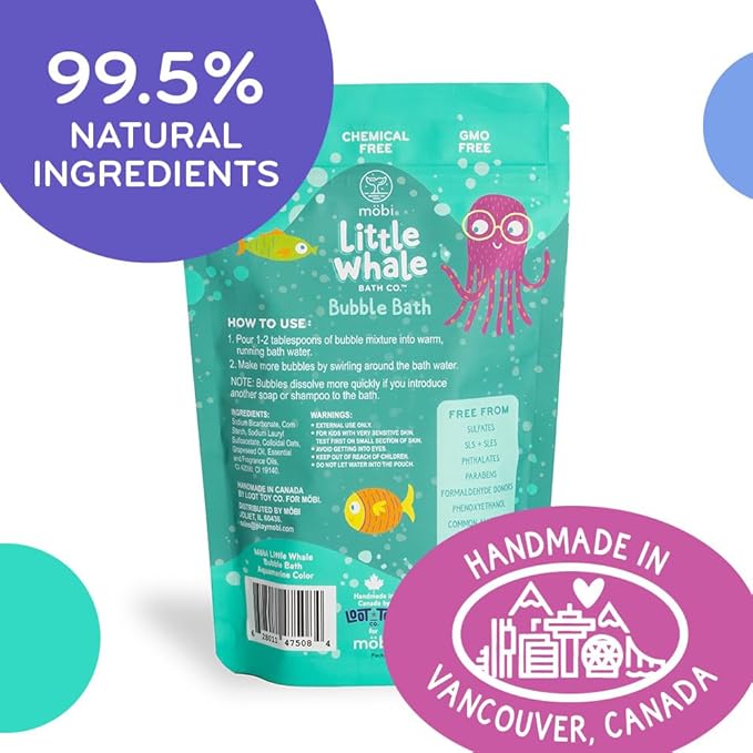 Mobi Little Whale Bubble Bath, Tropical Fruity Scent Kids Body Wash, Gentle Moisturizing Tub Foam for All Skin Type, GMO-Free, Stain-Free, Fun Aquamarine Color, 8 fl oz