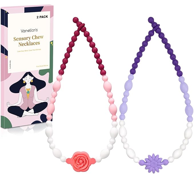 Chew Necklaces for Sensory Kids Adults, Flower Chewy Necklace Sensory Toys for Autism Nail Biting Anxiety, Fidget Necklace Oral Chew Toys, ADHD Tools for Boys Girls