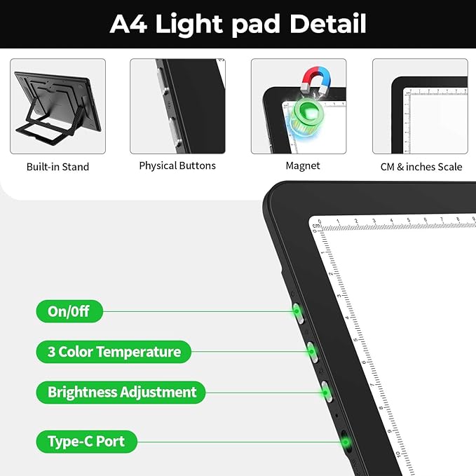 Zocelight Rechargeable A4 Light Pad with Built-in Stand & Bag,Super Bright Magnetic Light Box For Tracing,Wireless Diamond Art Light Board with Side Buttons, Light Table for Diamond Painting,Sketching