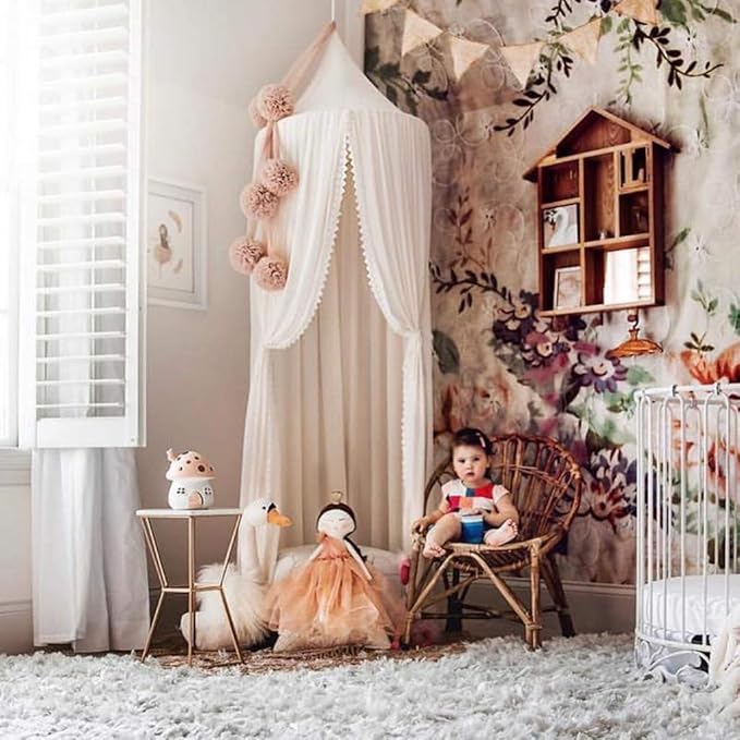 OldPAPA Kids Bed Canopy with Pom Pom Hanging Mosquito Net for Baby Crib Nook Castle Game Tent Nursery Play Room Decor,White
